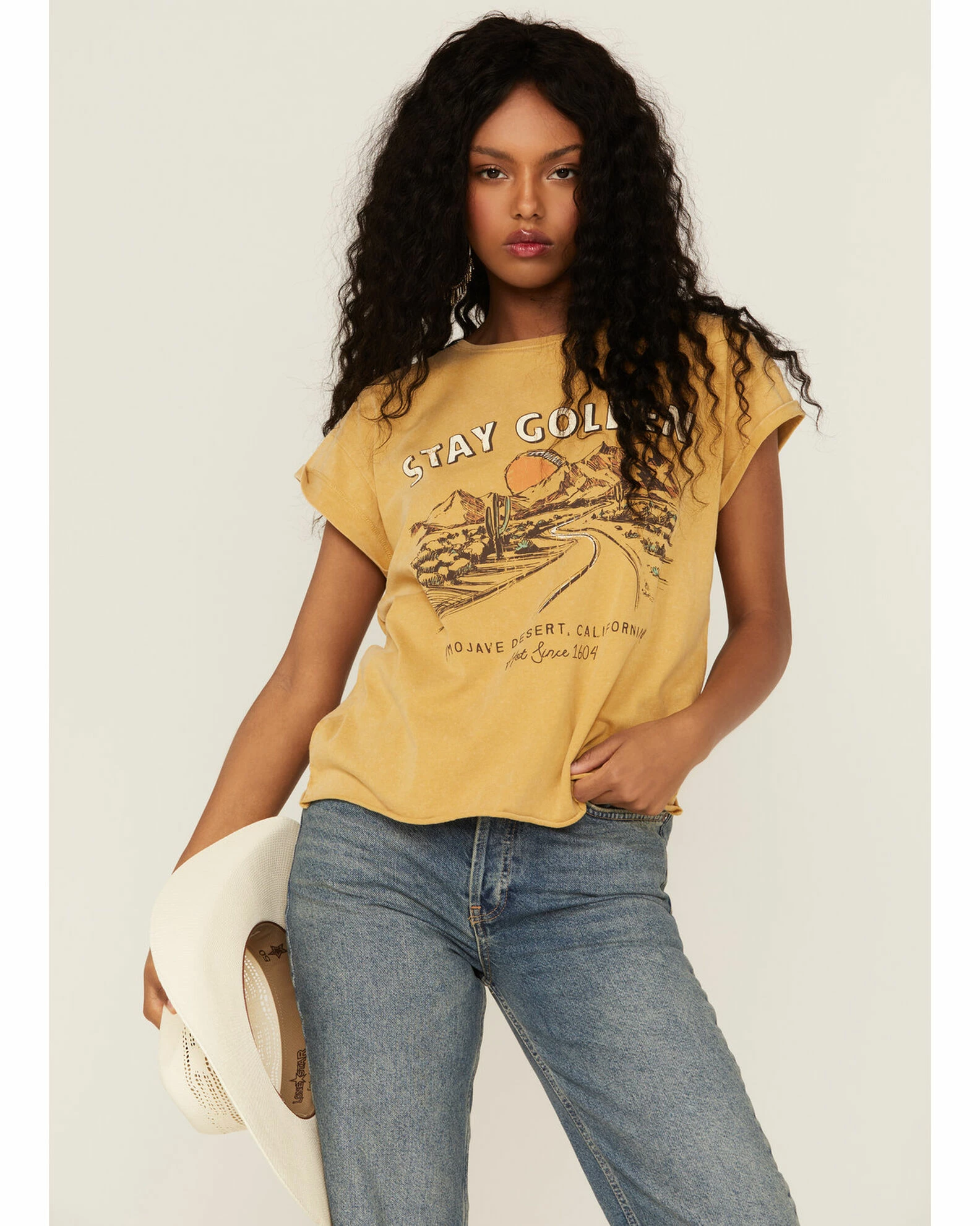 Cleo + Wolf Women's Stay Golden Rolled Sleeve Graphic Tee 1 Cleo + Wolf Women's Stay Golden Rolled Sleeve Graphic Tee