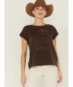 Cleo + Wolf Women's Texas Map Rolled Sleeve Graphic Tee  Dark Brown -Cleo & Wolf Shop 2000359342 201 P1 1