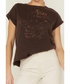 Cleo + Wolf Women's Texas Map Rolled Sleeve Graphic Tee  Dark Brown -Cleo & Wolf Shop 2000359342 201 P3