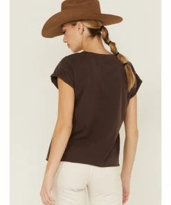 Cleo + Wolf Women's Texas Map Rolled Sleeve Graphic Tee  Dark Brown -Cleo & Wolf Shop 2000359342 201 P4