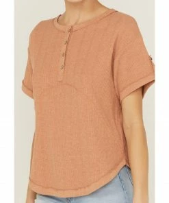 Cleo + Wolf Women's Relaxed Waffle Knit Henley Top Beige/khaki -Cleo & Wolf Shop 2000359348 250 P3