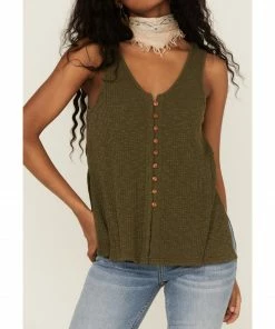 Cleo + Wolf Women's Olive Relaxed Button Front Slub Tank -Cleo & Wolf Shop 2000359350 341 P3