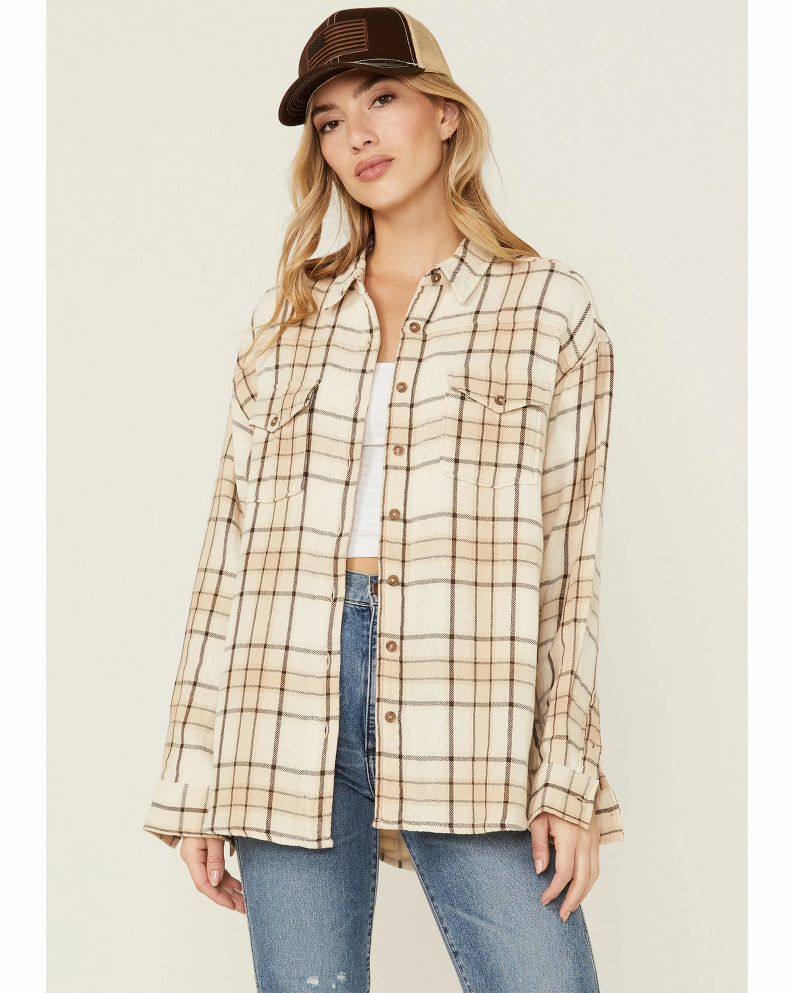 Cleo + Wolf Women's Breezy Sprint Taupe Plaid Long Sleeve Shirt 1 Cleo + Wolf Women's Breezy Sprint Taupe Plaid Long Sleeve Shirt