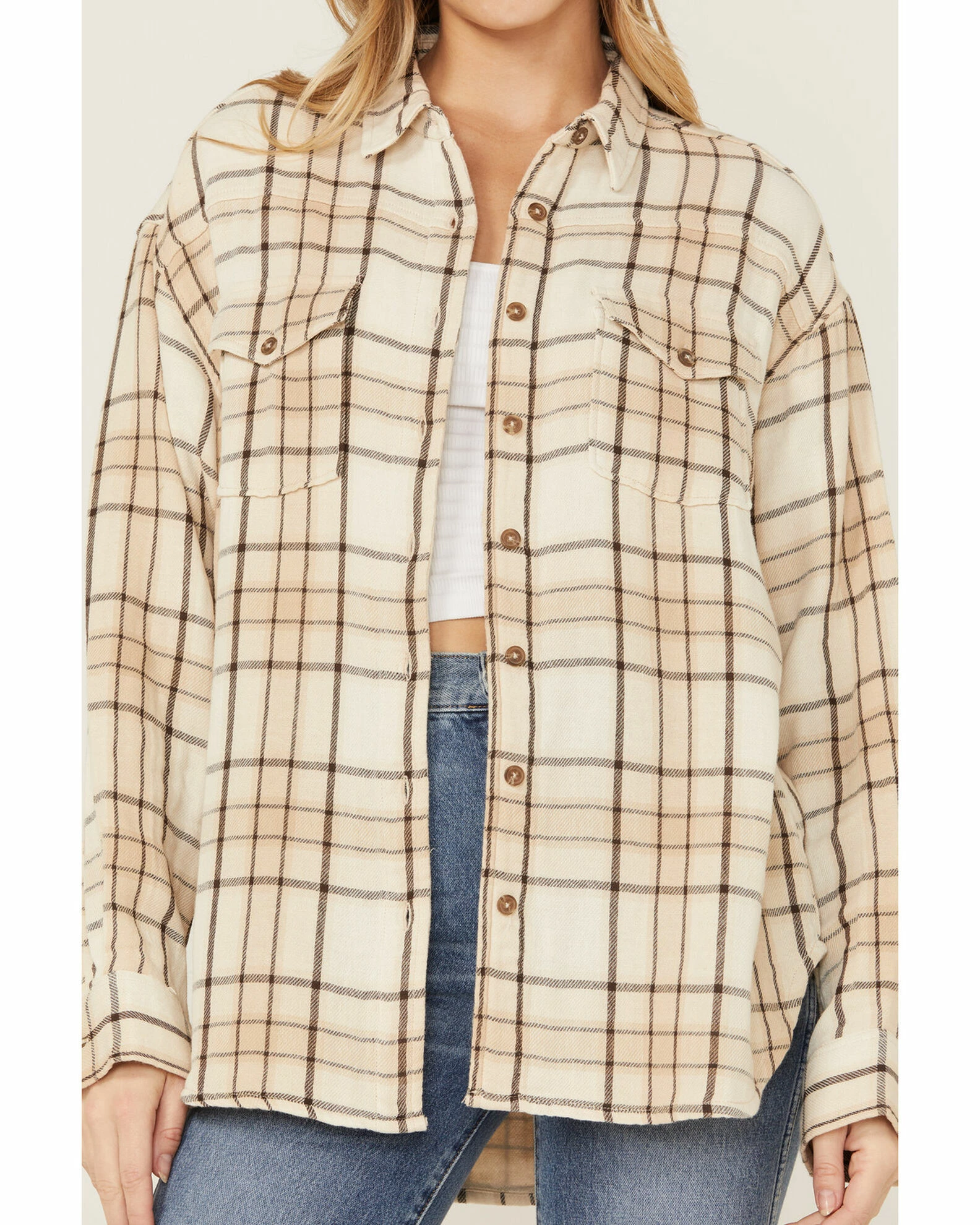 Cleo + Wolf Women's Breezy Sprint Taupe Plaid Long Sleeve Shirt 2 Cleo + Wolf Women's Breezy Sprint Taupe Plaid Long Sleeve Shirt - Image 2