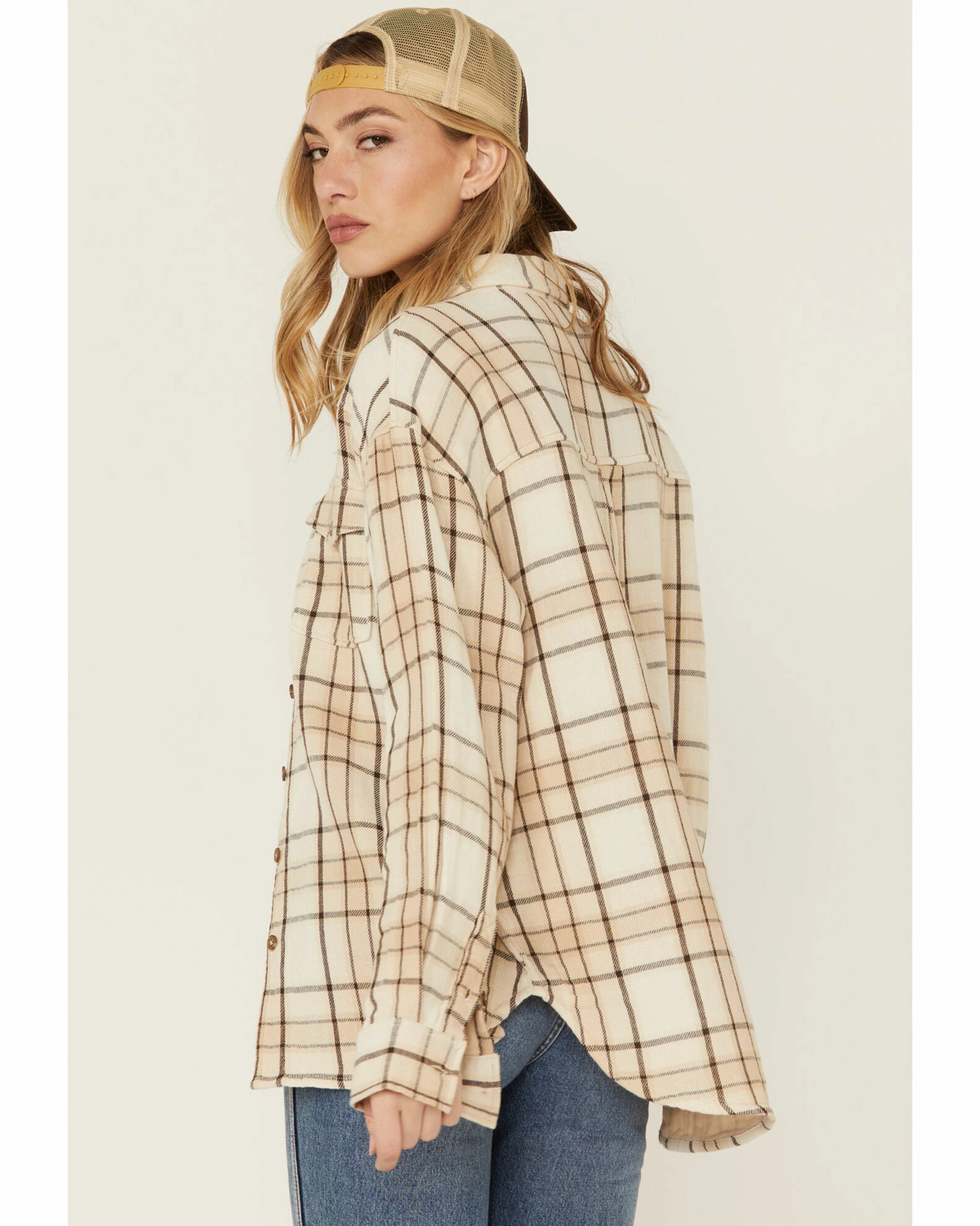 Cleo + Wolf Women's Breezy Sprint Taupe Plaid Long Sleeve Shirt 3 Cleo + Wolf Women's Breezy Sprint Taupe Plaid Long Sleeve Shirt - Image 3