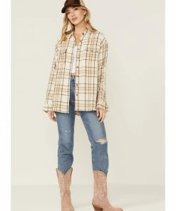 Cleo + Wolf Women's Breezy Sprint Taupe Plaid Long Sleeve Shirt 8 Cleo + Wolf Women's Breezy Sprint Taupe Plaid Long Sleeve Shirt -Cleo & Wolf Shop 2000359360 251 P4