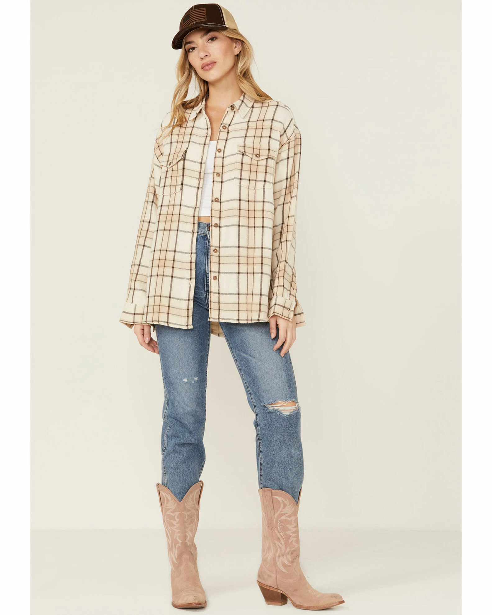 Cleo + Wolf Women's Breezy Sprint Taupe Plaid Long Sleeve Shirt 4 Cleo + Wolf Women's Breezy Sprint Taupe Plaid Long Sleeve Shirt - Image 4