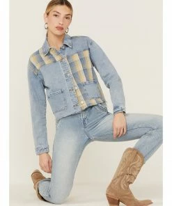 Cleo + Wolf Women's Oversized Plaid Mix Denim Cropped Jacket Light Medium Wash -Cleo & Wolf Shop 2000359362 413 P1 1