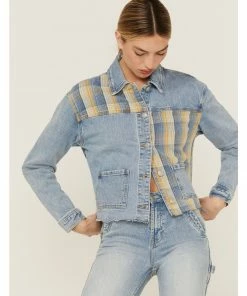 Cleo + Wolf Women's Oversized Plaid Mix Denim Cropped Jacket Light Medium Wash -Cleo & Wolf Shop 2000359362 413 P4