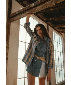 Cleo + Wolf Women's Light Wash Denim & Gold Plaid Shacket