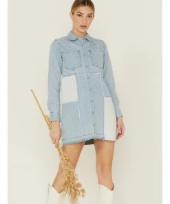 Cleo + Wolf Women's Multi Panel Patchwork Denim Dress Medium Wash