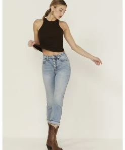 Cleo + Wolf Women's Exposed Button Fly Slim Straight Denim Jeans Medium Wash