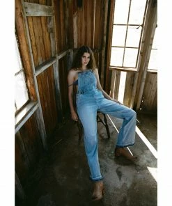 Cleo + Wolf Women's Relaxed Release Hem Denim Overalls Medium Wash