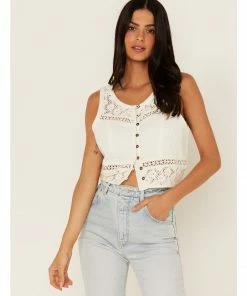 Cleo + Wolf Women's Crochet Floral Cropped Tank Top Ivory