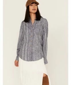Cleo + Wolf Women's Novelty Stripe Button-Down Long Sleeve Shirt Blue -Cleo & Wolf Shop 2000364815 400 P1 1