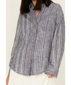 Cleo + Wolf Women's Novelty Stripe Button-Down Long Sleeve Shirt Blue -Cleo & Wolf Shop 2000364815 400 P3