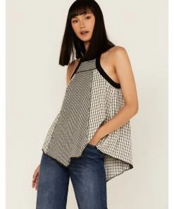 Cleo + Wolf Women's Grid Print Hanky Hem Halter Top Black -Cleo & Wolf Shop 2000364822 001 P1 1
