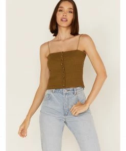 Cleo + Wolf Women's Smocked Button Front Tank  Green/brown