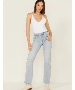 Cleo + Wolf Women's Light Wash High-Rise Distressed Straight Jeans Blue -Cleo & Wolf Shop 2000364985 400 P1 1