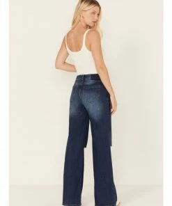 Cleo + Wolf Women's Medium Wash High-Rise Distressed Knee Flare Jeans Blue -Cleo & Wolf Shop 2000364988 400 P3