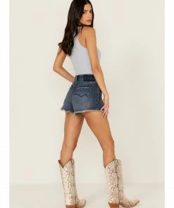 Cleo + Wolf Women's High-Rise Dark Wash Frayed Denim Shorts -Cleo & Wolf Shop 2000364989 400 P3