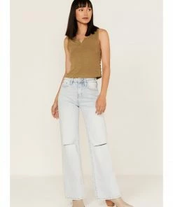 Cleo + Wolf Women's Light Wash High-Rise Distressed Knee Flare Jeans Blue -Cleo & Wolf Shop 2000364990 400 P1 1