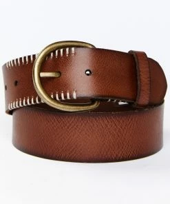 Cleo + Wolf Women's Brown With White Stitching Detail LeatherĀ Belt