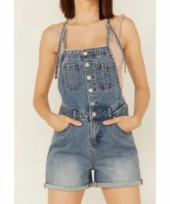 Cleo + Wolf Women's Roll Cuff Denim Shortall Medium Wash -Cleo & Wolf Shop 2000370854 414 P3