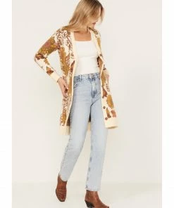 Cleo + Wolf Women's Floral Knit Jacquard Long Cardigan Sweater Cream