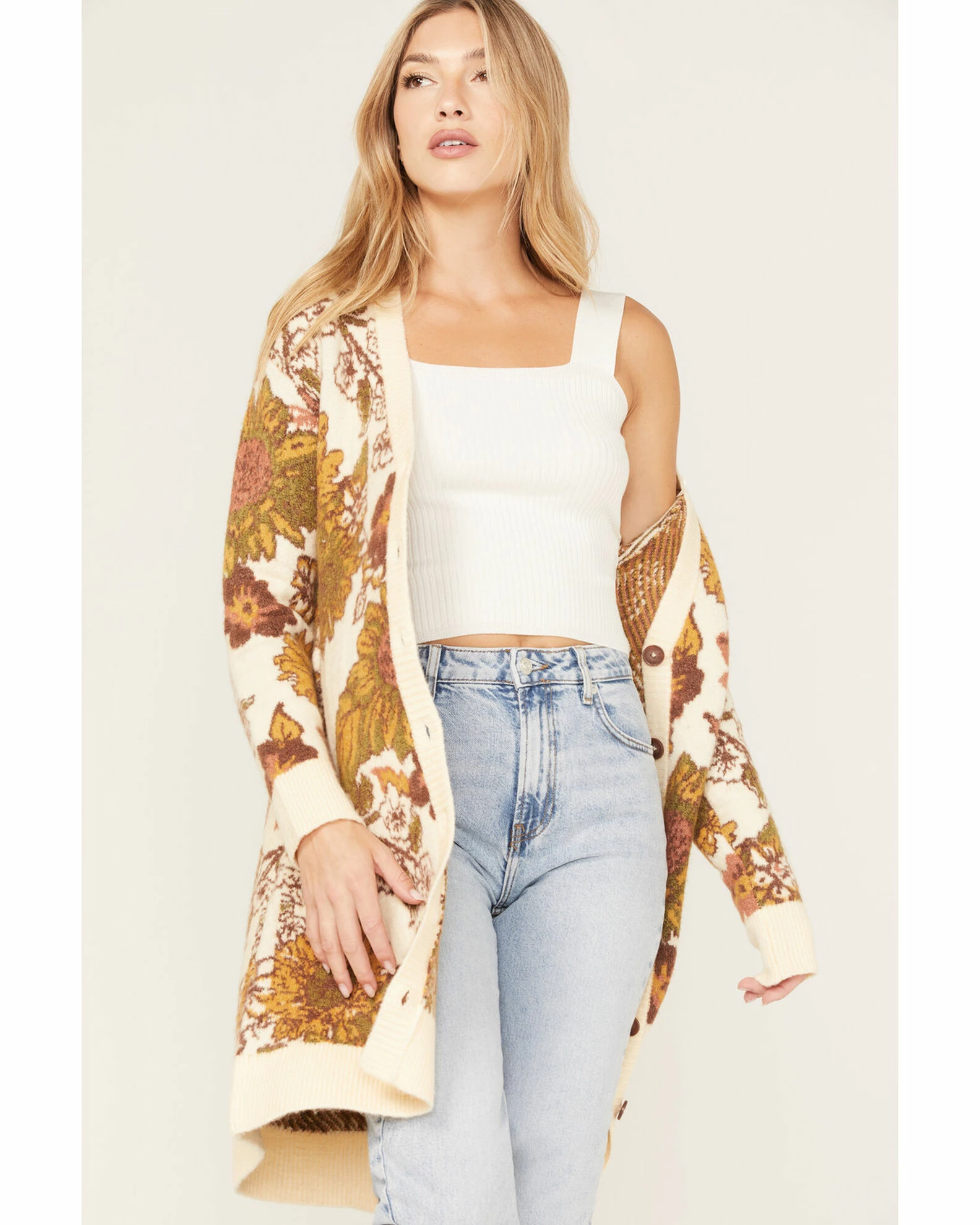 Cleo + Wolf Women's Floral Knit Jacquard Long Cardigan Sweater Cream 2 Cleo + Wolf Women's Floral Knit Jacquard Long Cardigan Sweater Cream - Image 2