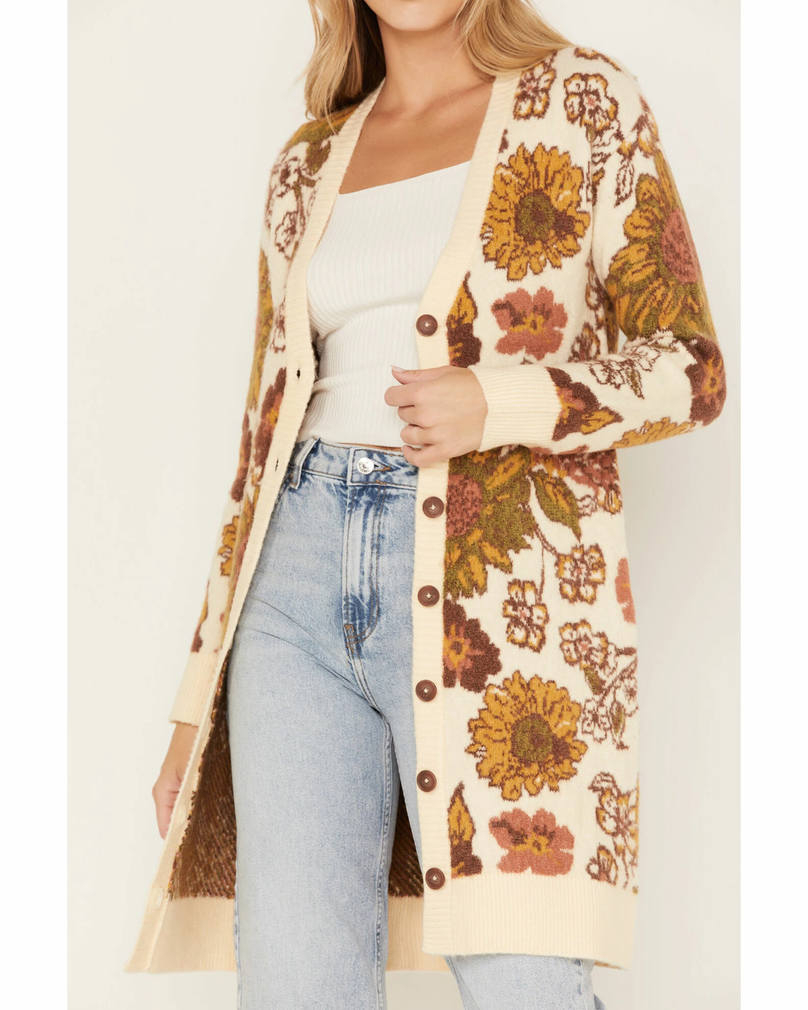 Cleo + Wolf Women's Floral Knit Jacquard Long Cardigan Sweater Cream 3 Cleo + Wolf Women's Floral Knit Jacquard Long Cardigan Sweater Cream - Image 3