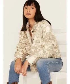 Cleo + Wolf Women's Floral Print Polar Fleece Shacket Cream -Cleo & Wolf Shop 2000373303 110 P1 1