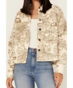 Cleo + Wolf Women's Floral Print Polar Fleece Shacket Cream -Cleo & Wolf Shop 2000373303 110 P3