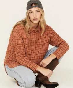 Cleo + Wolf Women's Plaid Print Oversized Long Sleeve Flannel Button-Down Shirt Cognac -Cleo & Wolf Shop 2000373304 235 P1 1