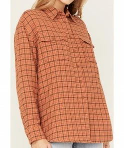 Cleo + Wolf Women's Plaid Print Oversized Long Sleeve Flannel Button-Down Shirt Cognac -Cleo & Wolf Shop 2000373304 235 P3