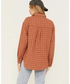 Cleo + Wolf Women's Plaid Print Oversized Long Sleeve Flannel Button-Down Shirt Cognac -Cleo & Wolf Shop 2000373304 235 P4