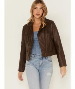Cleo + Wolf Women's Faux Leather Moto Jacket Brown