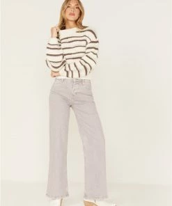 Cleo + Wolf Women's High-Rise Distressed Stretch Loose Wide Jeans Purple