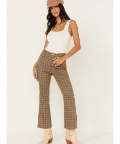 Cleo + Wolf Women's High-Rise Plaid Print Flare Jeans Brown