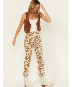 Cleo + Wolf Women's Country Garden Floral Print High-Rise Bootcut Jeans Cream