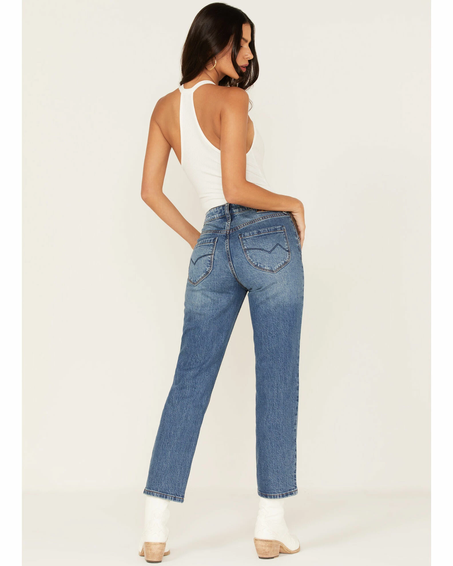 Cleo + Wolf Women's High Rise Straight Dark Wash Denim Jeans Dark Medium Wash 3 Cleo + Wolf Women's High Rise Straight Dark Wash Denim Jeans Dark Medium Wash - Image 3