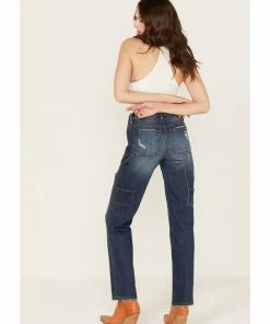 Cleo + Wolf Women's Medium Wash Mid-Rise Distressed Cargo Straight Jeans -Cleo & Wolf Shop 2000373356 414 P3