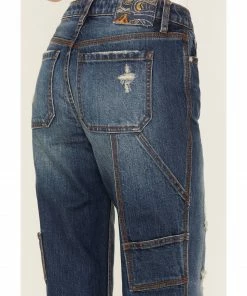 Cleo + Wolf Women's Medium Wash Mid-Rise Distressed Cargo Straight Jeans -Cleo & Wolf Shop 2000373356 414 P4