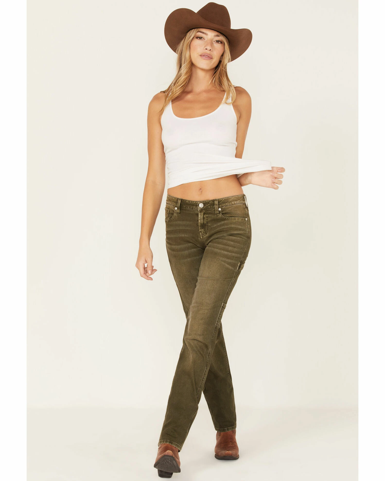 Cleo + Wolf Women's High-Rise Cargo Straight Jeans Olive 1 Cleo + Wolf Women's High-Rise Cargo Straight Jeans Olive