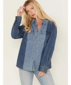 Cleo + Wolf Women's Montana Avenue Two Tone Long Sleeve Denim Snap Shirt Medium Wash 9 Cleo + Wolf Women's Montana Avenue Two Tone Long Sleeve Denim Snap Shirt Medium Wash -Cleo & Wolf Shop 2000374696 414 P1 1