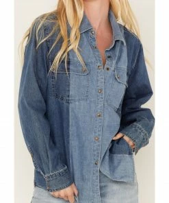 Cleo + Wolf Women's Montana Avenue Two Tone Long Sleeve Denim Snap Shirt Medium Wash 7 Cleo + Wolf Women's Montana Avenue Two Tone Long Sleeve Denim Snap Shirt Medium Wash -Cleo & Wolf Shop 2000374696 414 P3