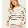 Cleo + Wolf Women's Abstract Stripe Cropped Knit Sweater Ivory