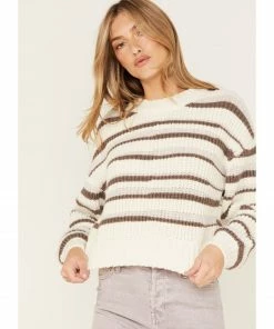 Cleo + Wolf Women's Abstract Stripe Cropped Knit Sweater Ivory