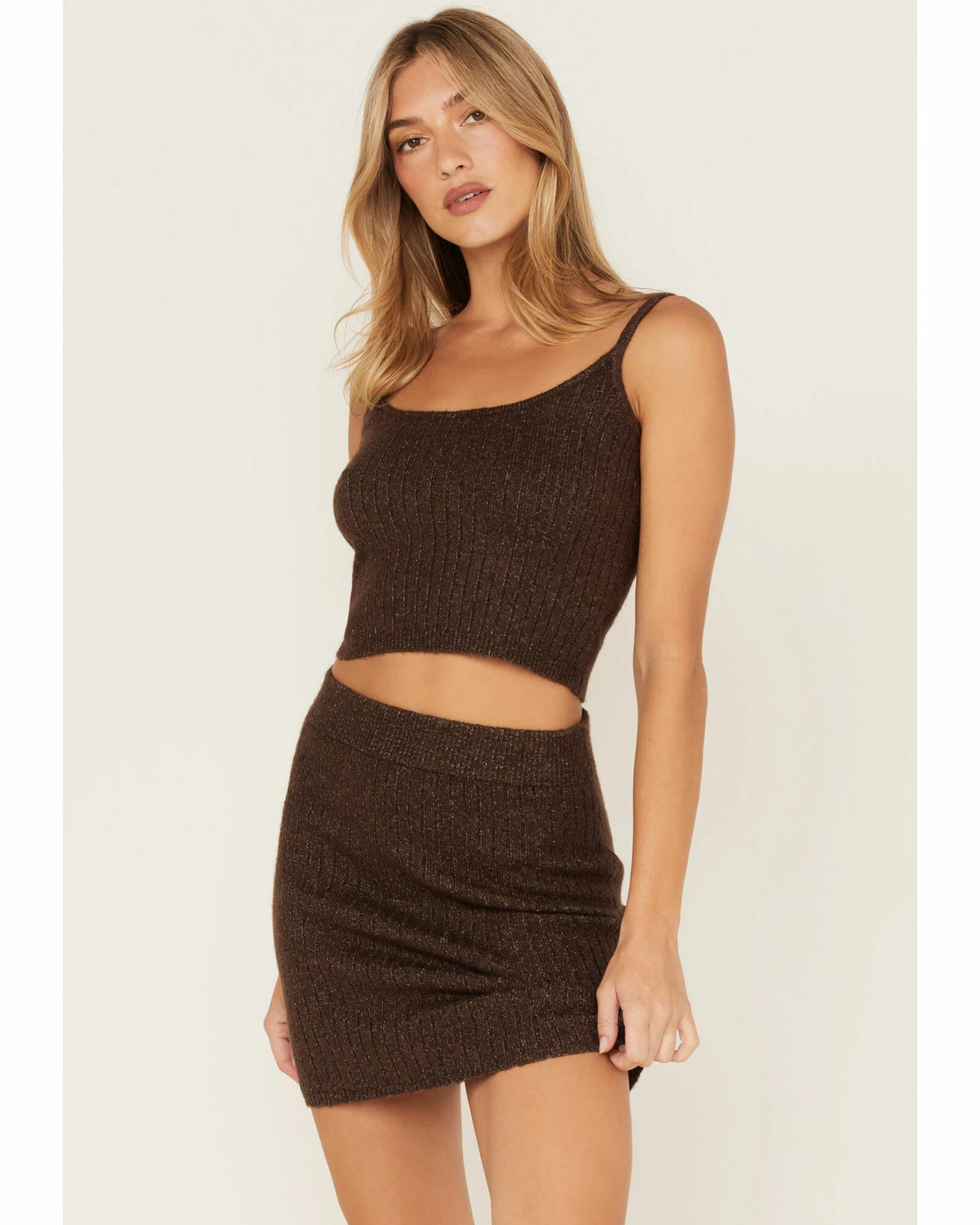 Cleo + Wolf Women's Ribbed Sweater Knit Cropped Tank Top Chocolate 1 Cleo + Wolf Women's Ribbed Sweater Knit Cropped Tank Top Chocolate