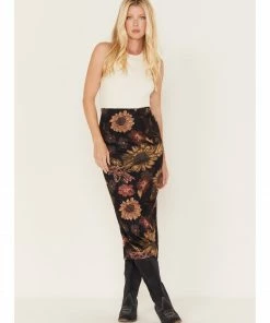 Cleo + Wolf Women's Floral Print Sheer Midi Skirt Black